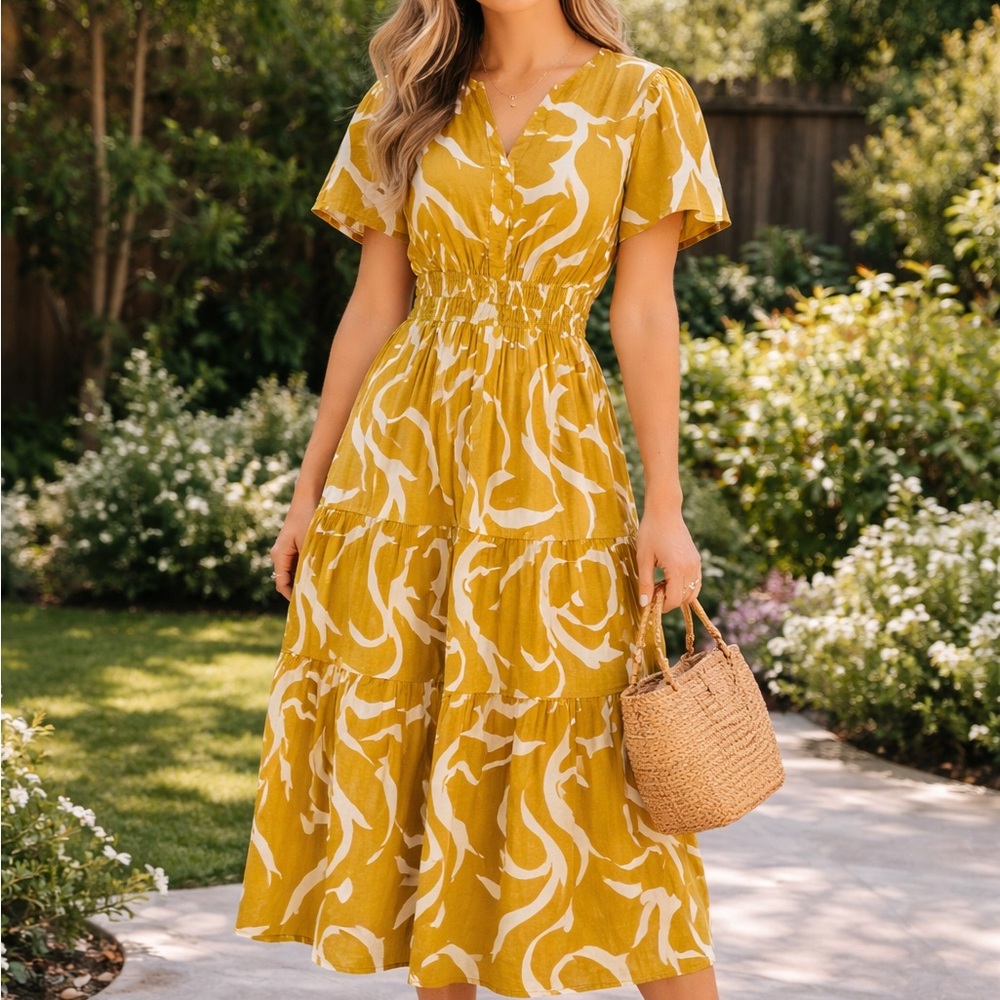 NWOT Meadow Rhodes Mustard and White Patterned Dress - Size M